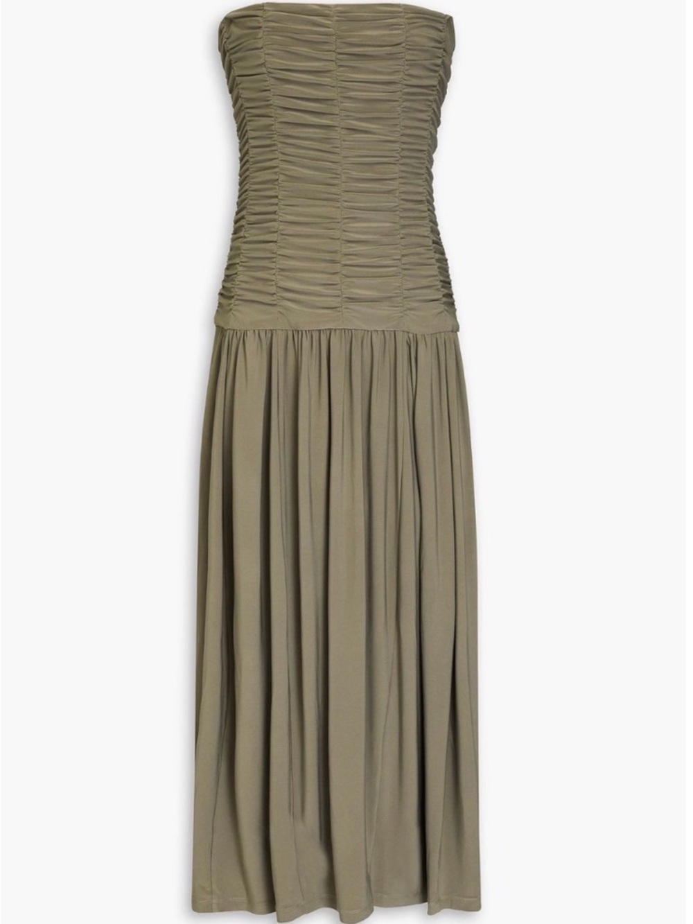 Tibi Olive Strapless Ruched Maxi Dress